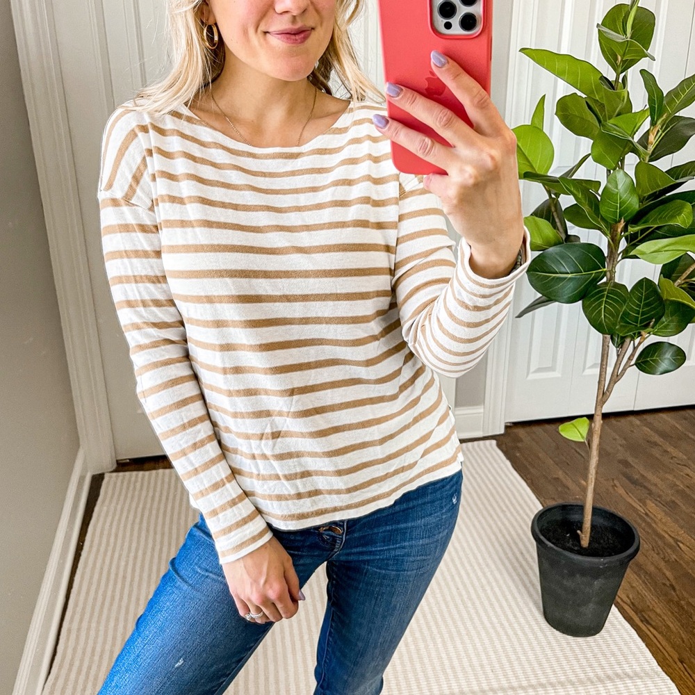 J. Crew Women's Long Sleeve Striped Tee in Cream and Tan